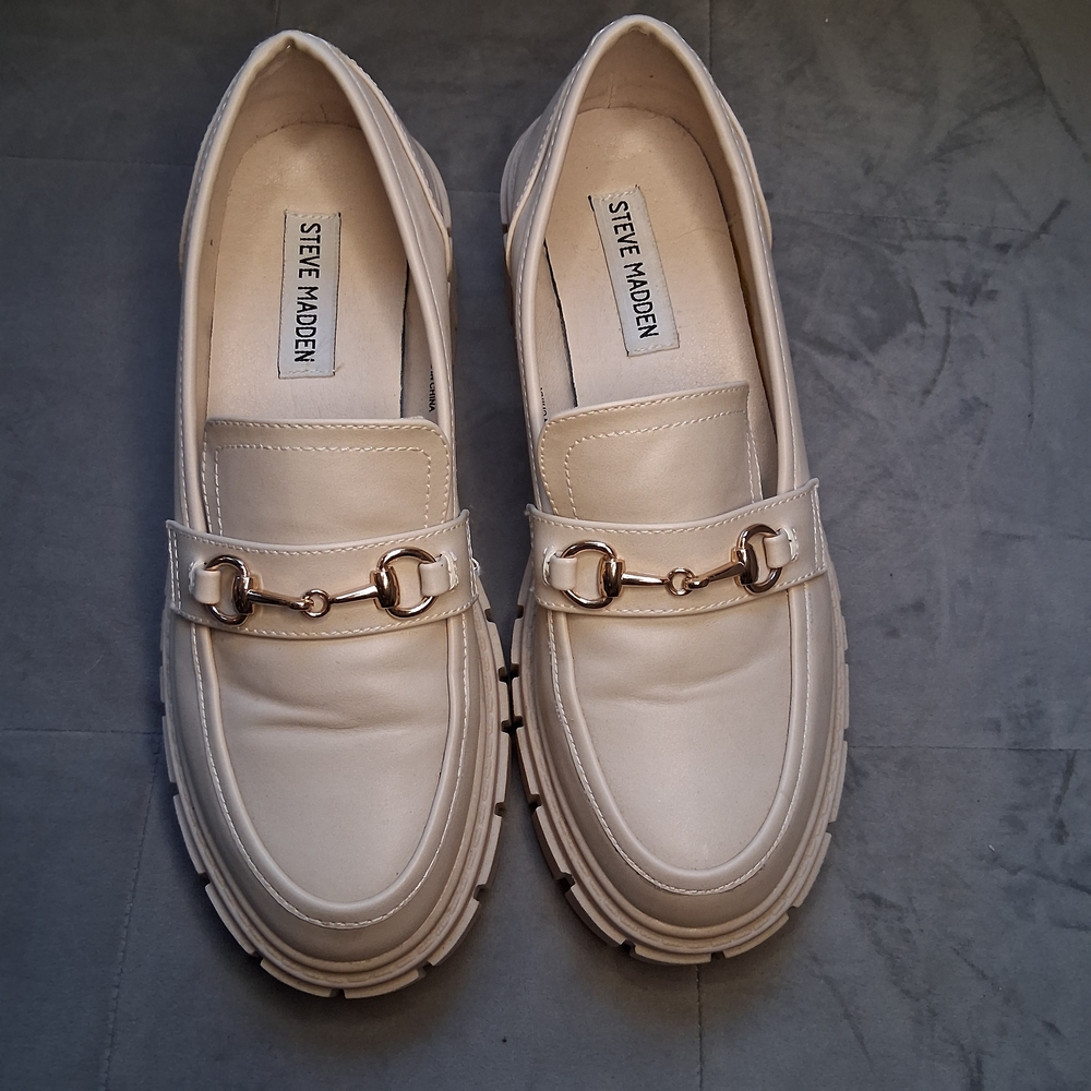 Steve Madden Approach Chunky Platform Loafers - Cream Gold Horsebit Size 7.5 - Picture 3 of 15